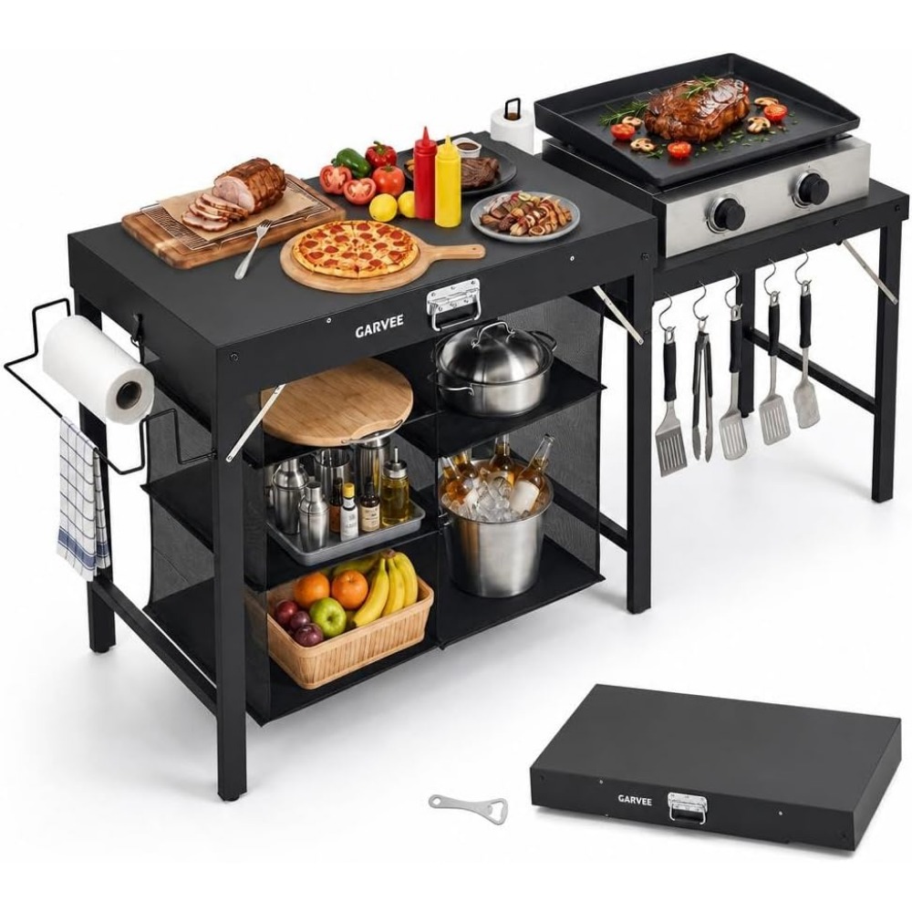 Camping Cooking Table With Storage - Tavolo Grill Pieghevole in Metallo con