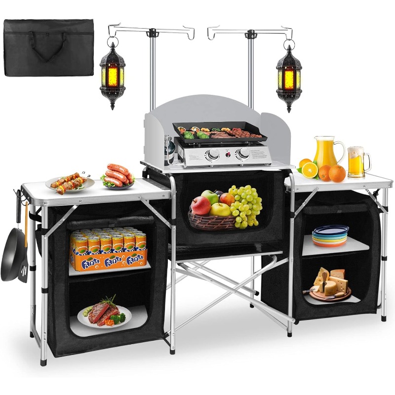 Camping Cooking Table With Storage - Tavolo da cucina da campeggio pieghevole